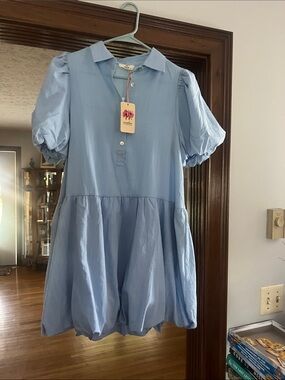 Light Blue Puff-Sleeve Bubble Dress with Collar